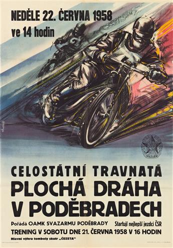 VLADIMIR BIDLO (1926-1997) & VLADIMIR VALENTA (1920-1977).  [CZECH MOTORCYCLES / RACING.] Group of 3 posters. Circa 1958. Each approxim